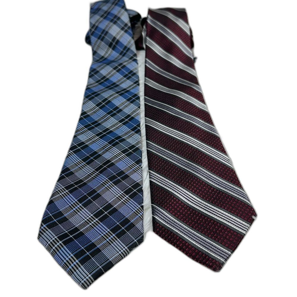Pronto Uomo Couture 2 Hand Made Mens Silk Neckties Blue Plaid & Burgundy Stripe